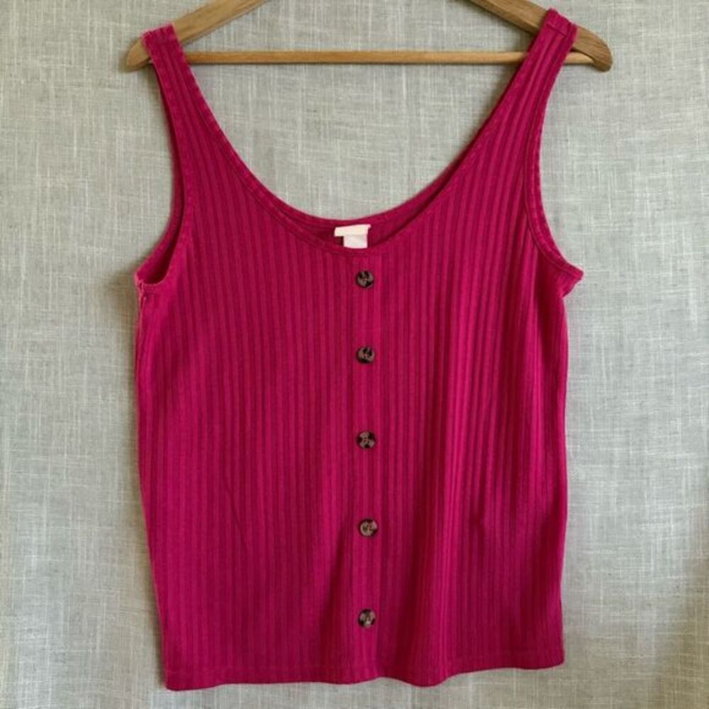 H&M Ribbed Hot Pink Button Front Tank Top M‎ Y2K Soft Knit Stretchy Core